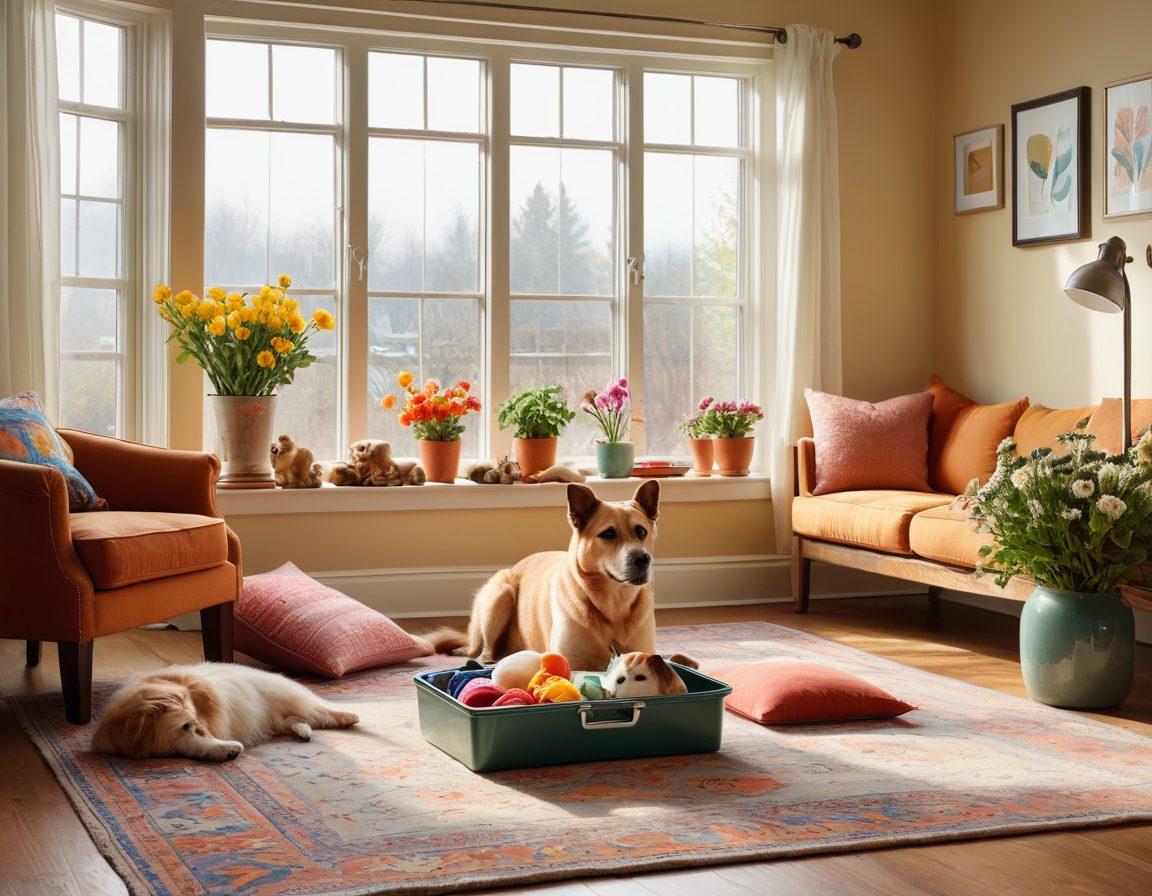 A cozy living room scene featuring a person lovingly interacting with a happy dog and a cat, surrounded by pet care items like food bowls and toys. Bright natural light floods the space, highlighting their bond and the warmth of their environment. Include subtle hints of wellness like a pet first aid kit and flower arrangements to evoke a sense of care and affection. super-realistic. vibrant colors. warm tones.