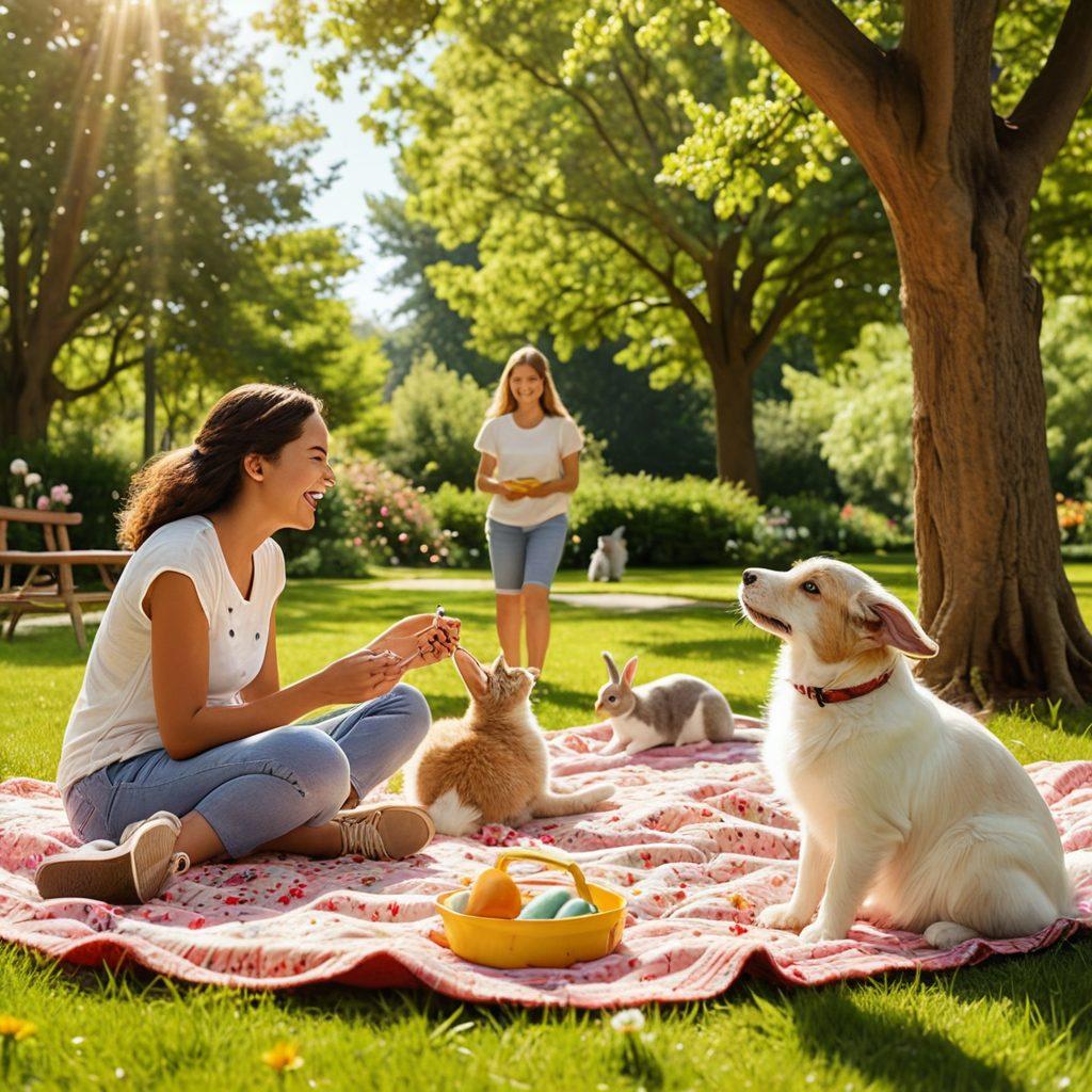 A heartwarming scene of a diverse group of people joyfully interacting with their pets in a sunny park, showcasing various animals like dogs, cats, birds, and rabbits. Include a mix of playful moments, such as a child laughing while playing fetch, an elderly person lovingly grooming a cat, and young adults enjoying a picnic with their pets around. Vibrant colors and warm sunlight filtering through the trees to enhance the sense of happiness. super-realistic. vibrant colors. outdoors.
